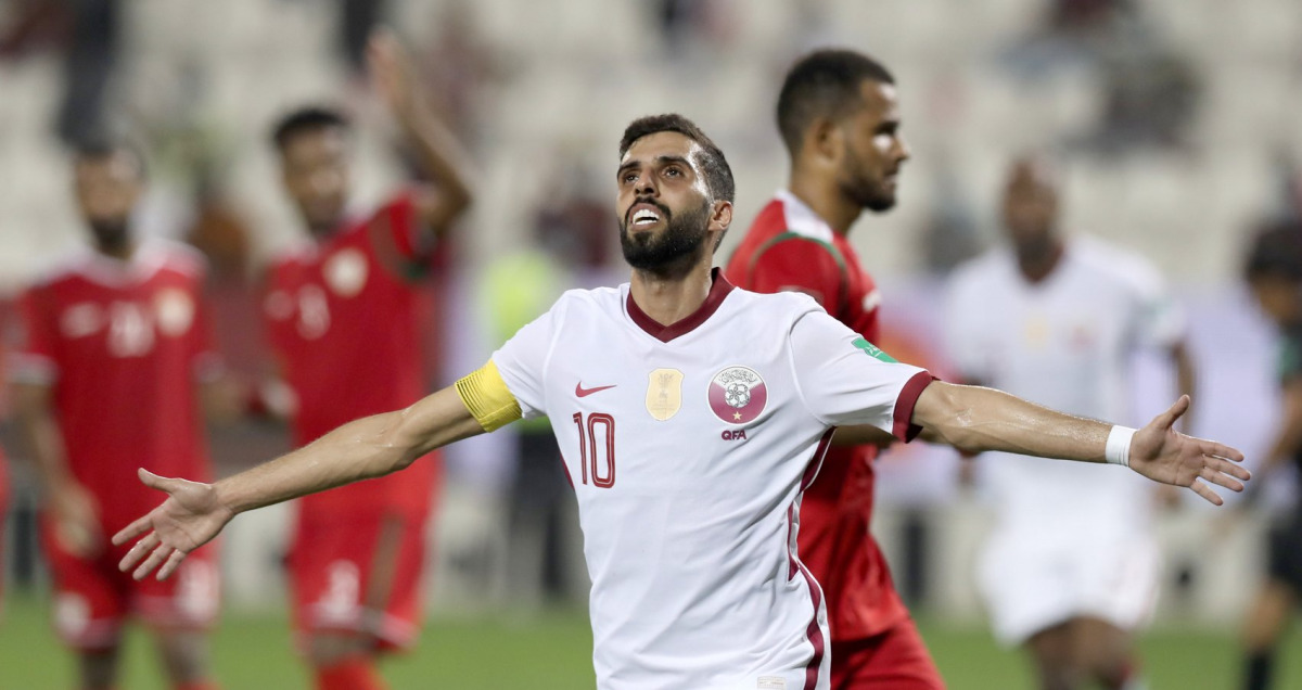 Qatar captain Hasan Al Haydos celebrates after scoring a goal against Oman at the Jassim Bin Hamad Stadium yesterday. Pic: Hussain Sayed