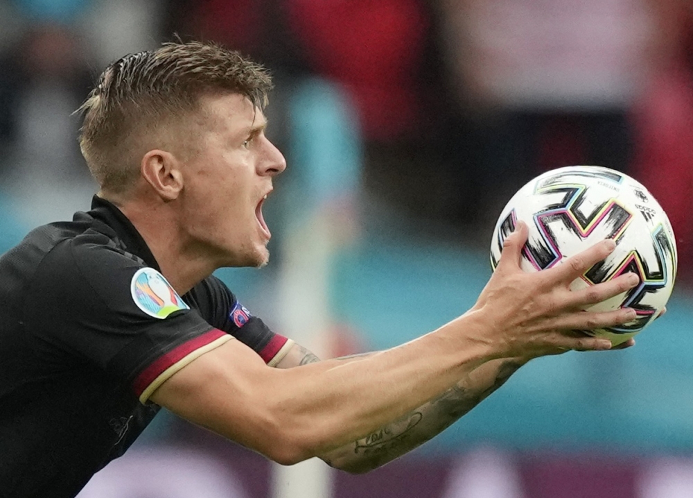 June 29, 2021 Germany's Toni Kroos reacts after conceding the foul on England's Raheem Sterling Pool via REUTERS/Frank Augstein