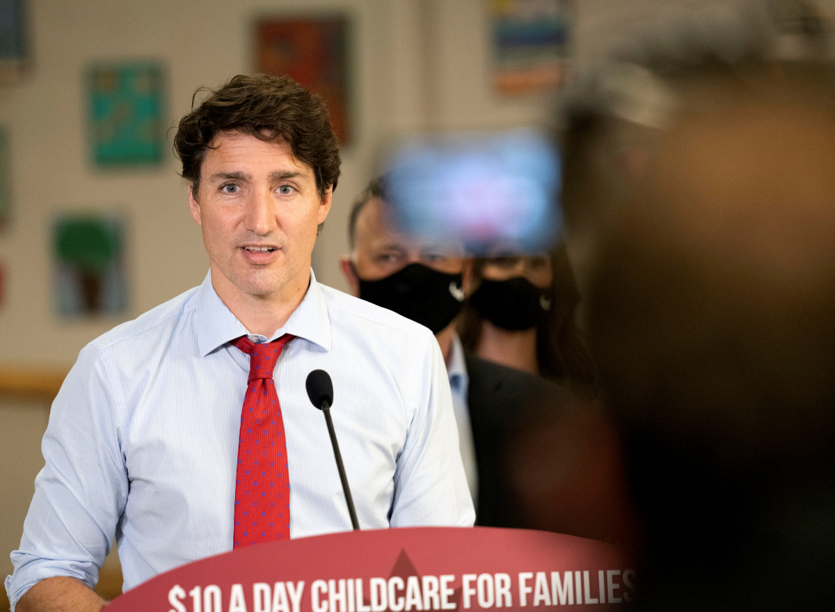 FILE PHOTO: Canada's Prime Minister Justin Trudeau talks during a news conference at the daycare inside Carrefour de l'Isle-Saint-Jean school in Charlottetown, Prince Edward Island, Canada, July 27, 2021. REUTERS/John Morris/File Photo
