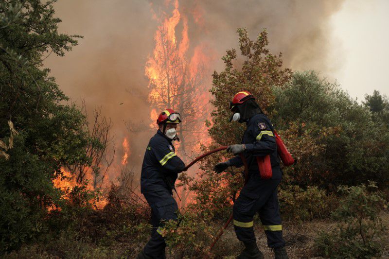 Firefighters try to extinguish a fire in the village of Avgaria, on the island of Evia, Greece, August 10, 2021. REUTERS/Stelios Misinas