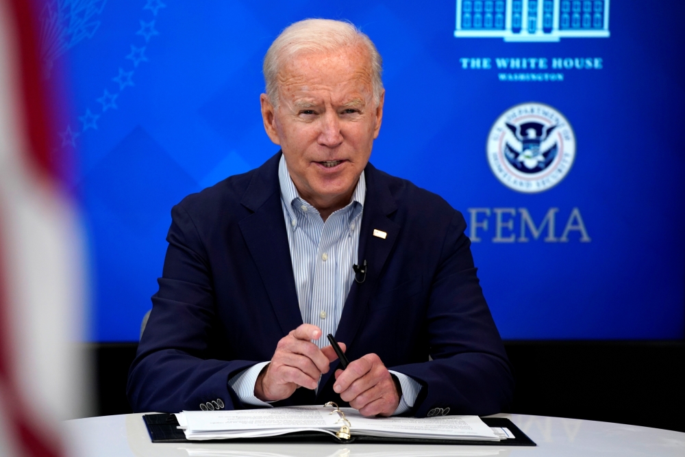 US President Joe Biden speaks during a virtual briefing with FEMA Administrator Deanne Criswell on preparations for Hurricane Ida at the White House in Washington, U.S., August 28, 2021. Reuters/Elizabeth Frantz