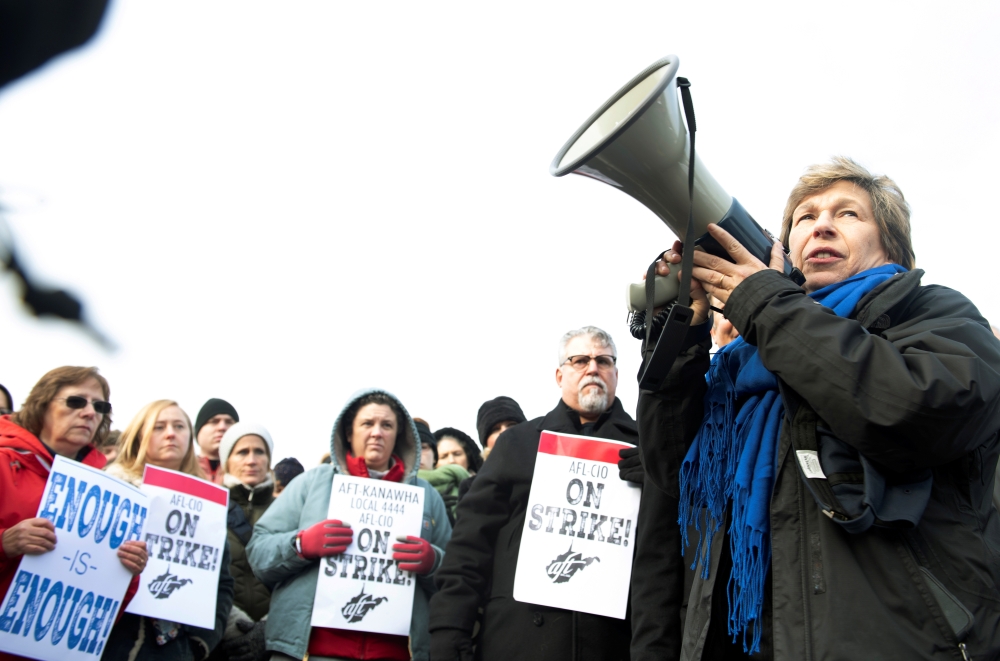 File photo: Randi Weingarten, president of the American Federation of Teachers, speaks before a crowd of striking educators at Capital High School in Charleston, West Virginia, U.S., February, 19 2019. Reuters/Lexi Browning/File Photo