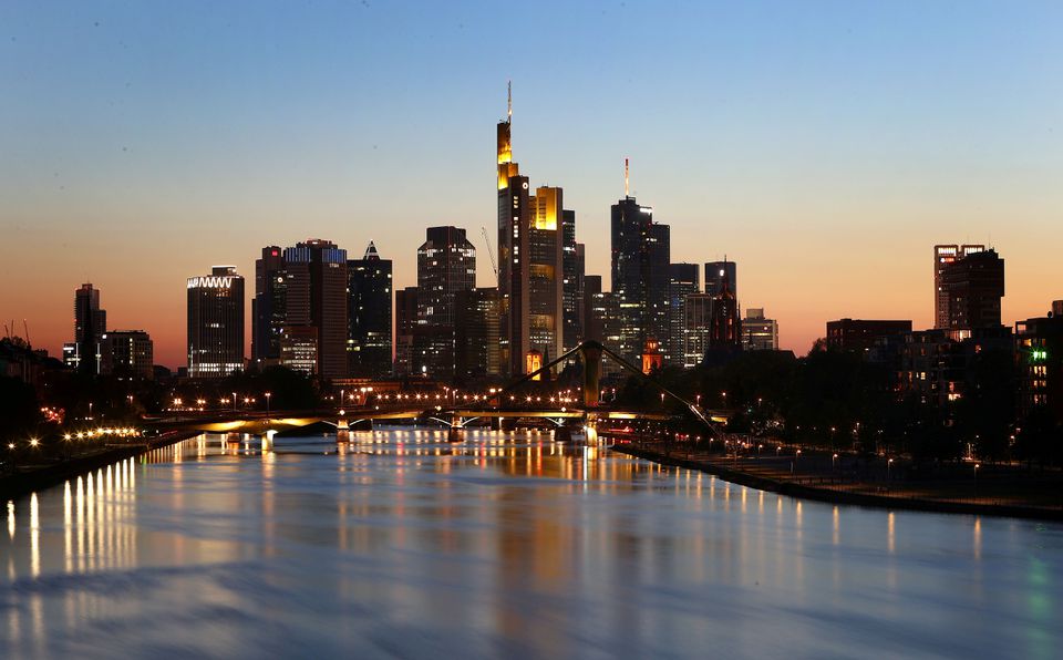 The skyline with the financial district is photographed during sunset in Frankfurt, Germany, April 22, 2020, as the spread of the coronavirus disease (COVID-19) continues. REUTERS/Kai Pfaffenbach/File Photo

