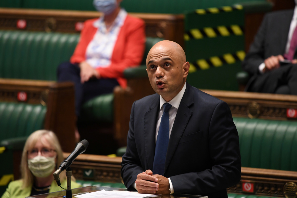 FILE PHOTO: Britain's Secretary of State for Health and Social Care Sajid Javid gives a statement on the coronavirus disease (COVID-19) update during a session in Parliament, in London, Britain July 12, 2021. UK Parliament/Jessica Taylor/Handout via REUTE