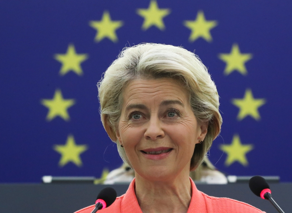 European Commission President Ursula von der Leyen delivers a speech during a debate on 