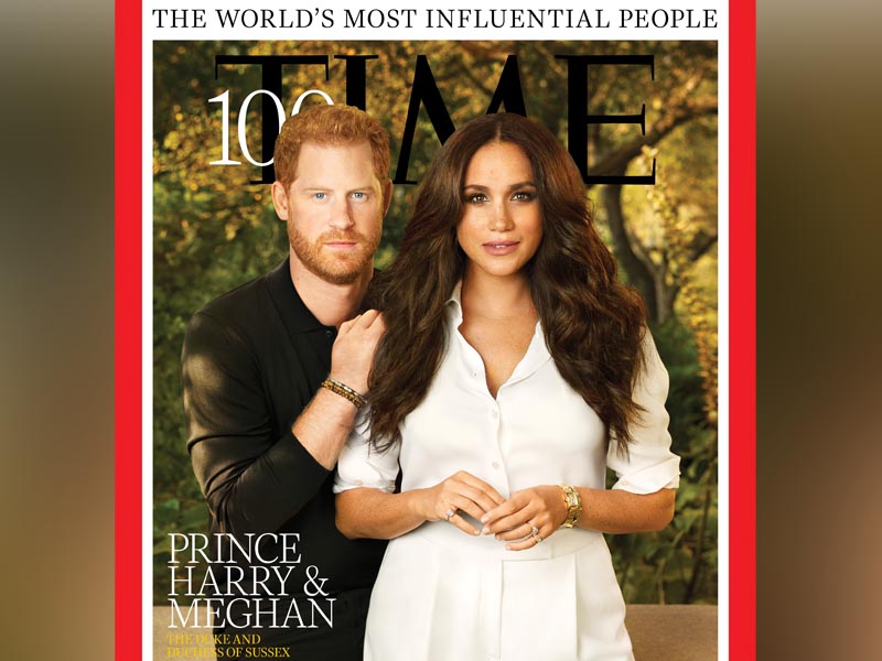 Britain's Prince Harry and Meghan, Duchess of Sussex, appear on the cover of Time magazine's 100 most influential people in the world edition in this handout photo released to Reuters on September 15, 2021. Pari Dukovic for Time/Handout via REUTERS