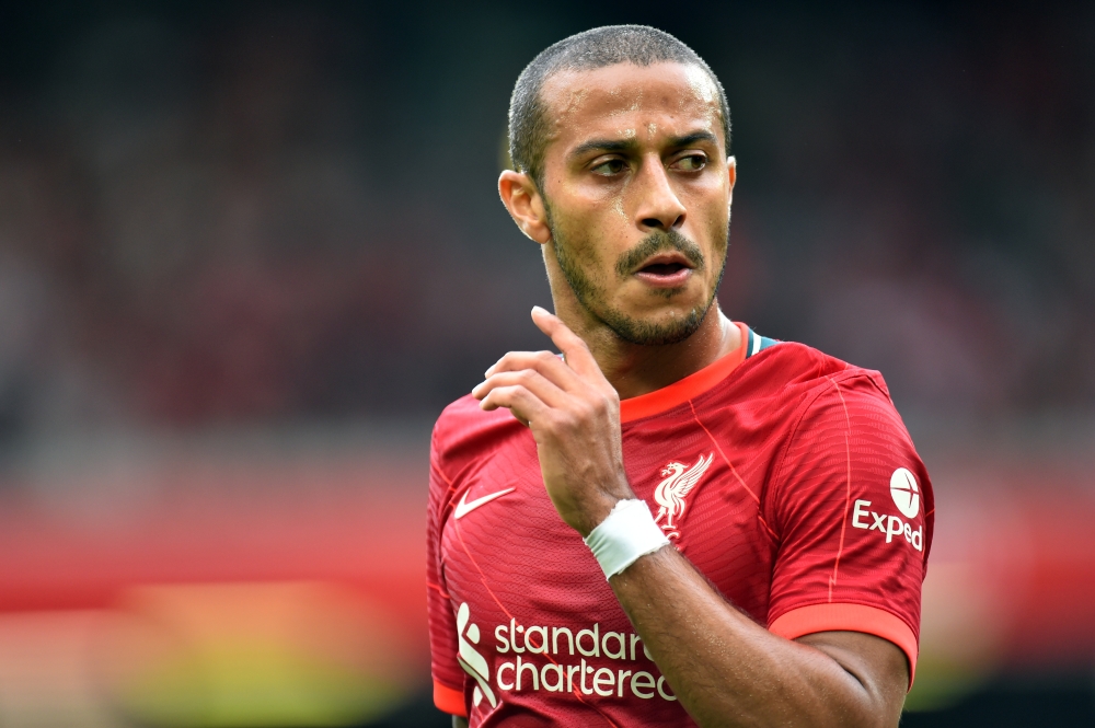 September 18, 2021 Liverpool's Thiago Alcantara reacts REUTERS/Peter Powell