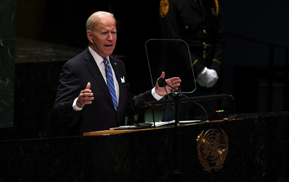 U.S. President Joe Biden speaks during the 76th Session of the General Assembly at UN Headquarters in New York on September 21, 2021. Timothy A. Clary/Pool via REUTERS