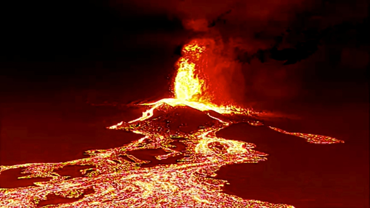 Screen grab from a video taken by a night drone shows a volcano erupting and tongues of lava in La Palma, Spain September 22, 2021. Spanish Emergency Military Unit (UME)/Reuters TV/Handout via REUTERS THIS IMAGE HAS BEEN SUPPLIED BY A THIRD PARTY.
