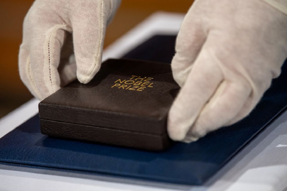 The box containing the Nobel Prize medal in physics is pictured before being awarded to German scientist Reinhard Genzel in Munich, Germany, December 8, 2020. Peter Kneffel/Pool via REUTERS
