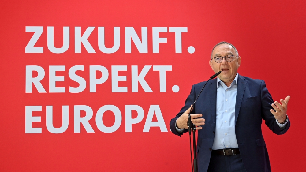 File photo: Norbert Walter-Borjans, co-leader of Germany's Social Democratic (SPD) party, speaks during a joint news conference with the SPD's top candidate for regional elections in Saxony-Anhalt Katja Paehle one day after regional elections in Saxony-An