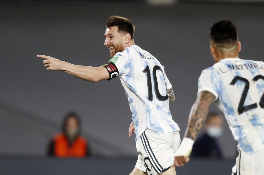 Argentina's Lionel Messi celebrates scoring their first goal REUTERS/Agustin Marcarian