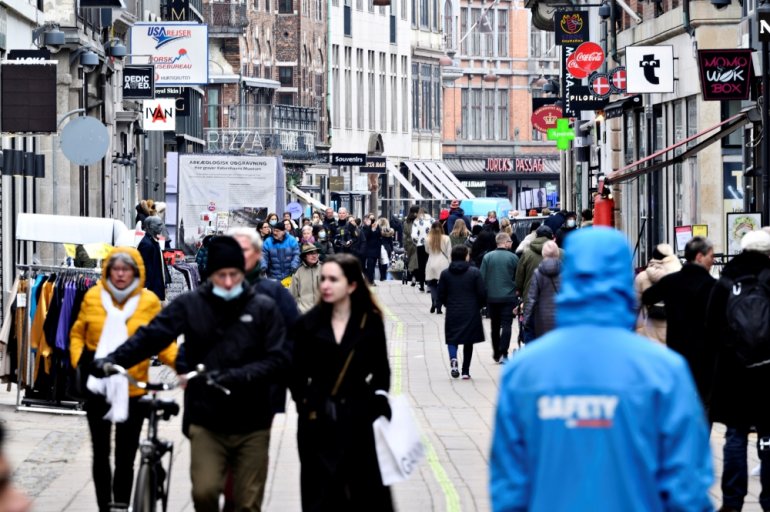 People walk on a street as stores reopen amid the coronavirus disease (COVID-19) pandemic in Copenhagen, Denmark March 1, 2021. Ritzau Scanpix/Philip Davali via REUTERS/File Photo
