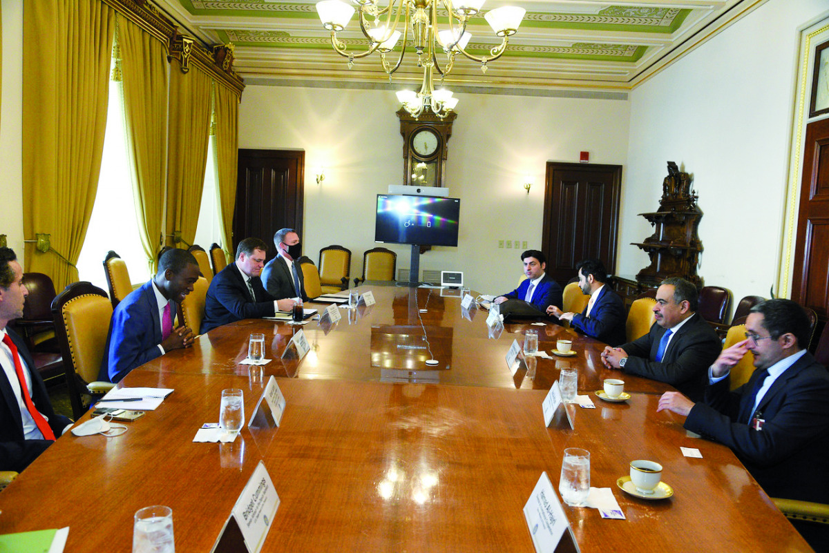 Minister of Commerce and Industry and Acting Minister of Finance H E Ali bin Ahmed Al Kuwari during a meeting with other delegates in the US, yesterday. 