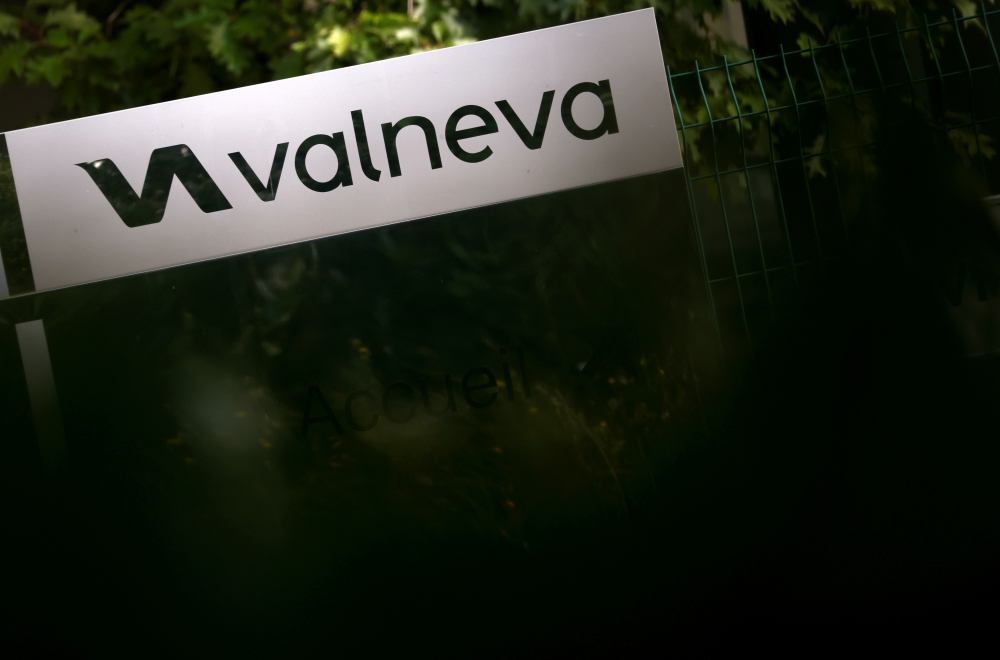 The logo of Valneva SE is pictured at the company's headquarters in Saint-Herblain, near Nantes, France, September 13, 2021. REUTERS/Stephane Mahe/File Photo