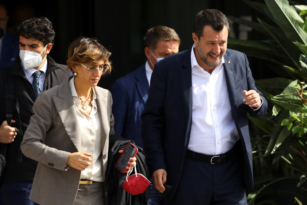Leader of Italy's right-wing League party Matteo Salvini and his lawyer, Giulia Bongiorno leave after a hearing in the trial, in Palermo, Italy, October 23, 2021. Reuters/Antonio Parrinello