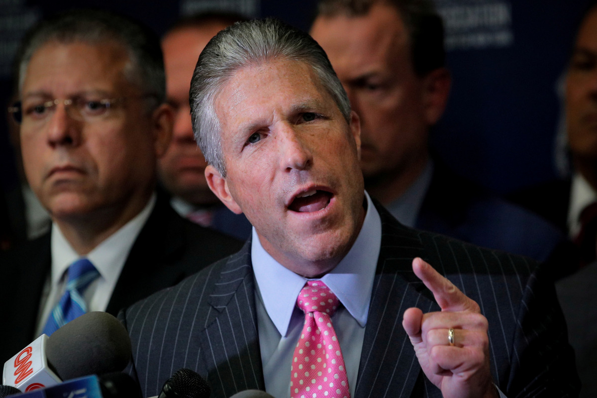 FILE PHOTO: Patrick Lynch, president of the Police Benevolent Association of the City of New York, speaks during a news conference after a New York police Department (NYPD) disciplinary judge recommended the firing of officer Daniel Pantaleo, who used a f