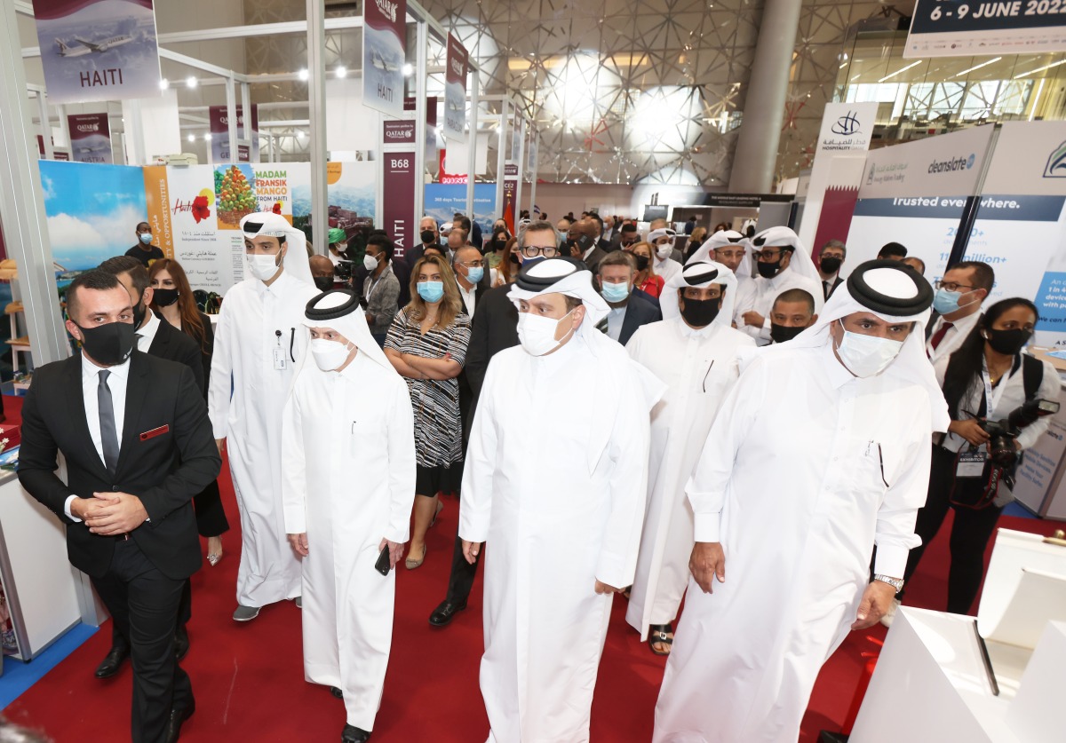 Undersecretary of the Ministry of Commerce and Industry H E Sultan bin Rashid Al Khater, Qatar Airways Group Chief Executive and Chairman of Qatar Tourism H E Akbar Al Baker and other dignitaries touring the exhibition that began at the Doha Exhibition and Convention Center, yesterday.