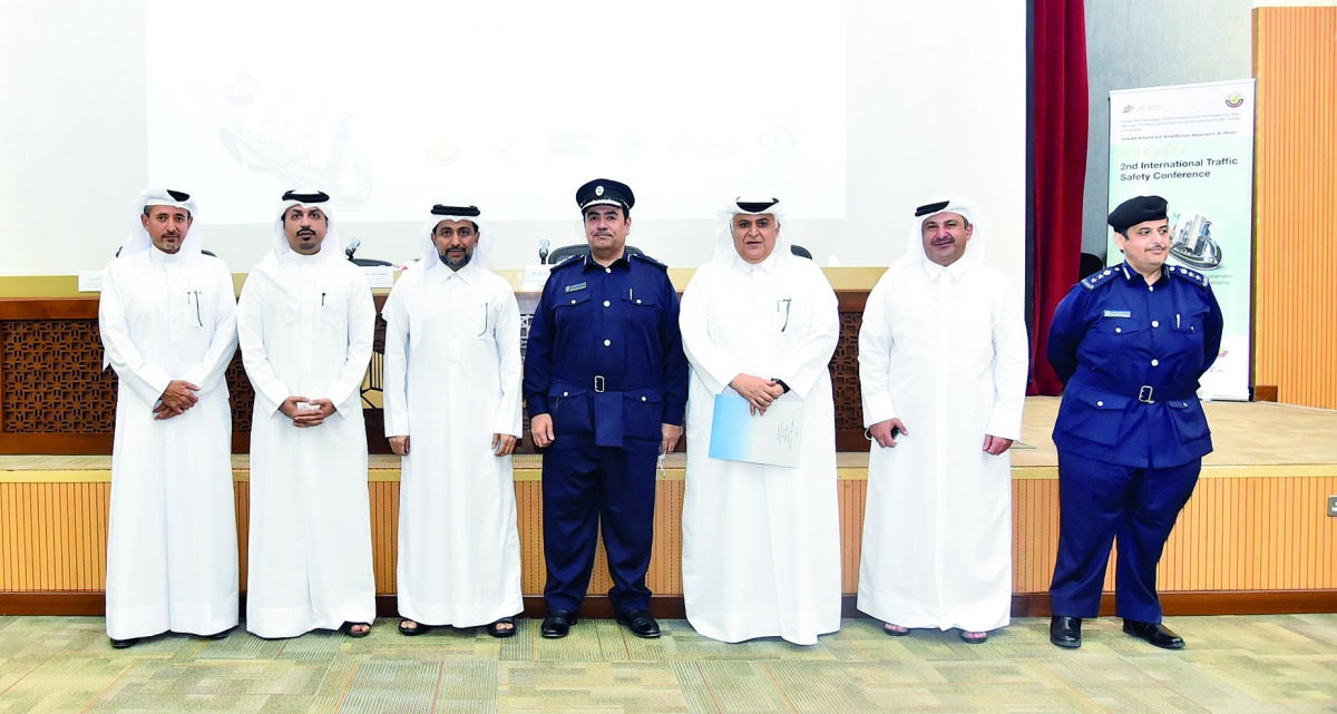 President of Qatar University, Dr. Hassan Rashid Al Derham; Secretary of the National Traffic Safety Committee, Brigadier Mohammed Abdullah Al Malki; Director-General of Traffic Department, Brigadier Mohamed Abdullah Al Shahwani; Director of the Qatar Center for Transportation and Traffic Safety at Qatar University, Dr. Mohammed Al Qaradawi and other officials at the press conference, yesterday.  