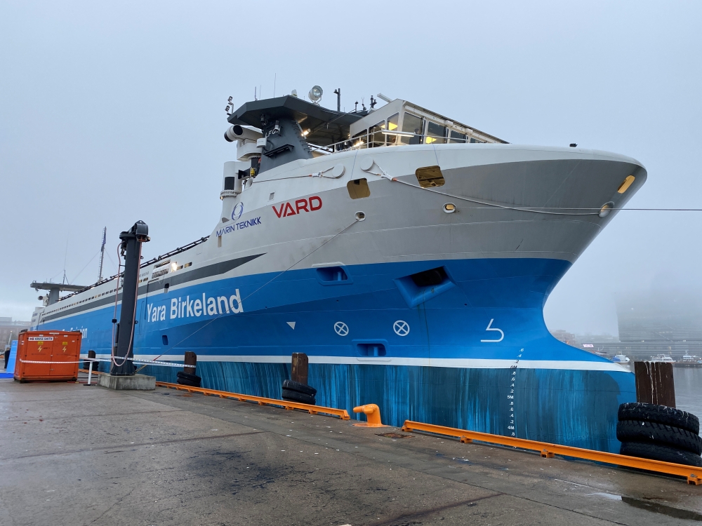 Yara Birkeland, the world's first fully electric and autonomous container vessel, is moored in Oslo, Norway November 19, 2021. REUTERS/Victora Klesty