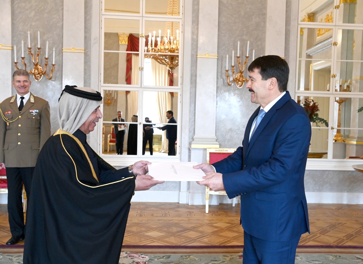 President of the Republic of Hungary H E Janos Ader receiving credentials of the Ambassador of the State of Qatar to Hungary H E Abdullah bin Falah Al Dossari. 
