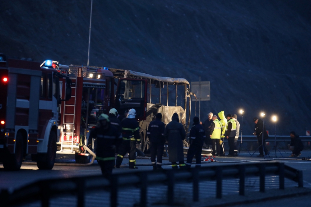 A view shows the site where a bus with North Macedonian plates caught fire on a highway, near the village of Bosnek, in Bulgaria, November 23, 2021. Reuters/Stoyan Nenov