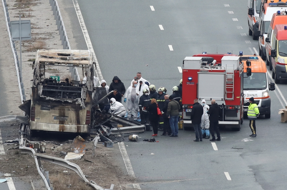 A view shows the site where a bus with North Macedonian plates caught fire on a highway, near the village of Bosnek, Bulgaria, November 23, 2021. REUTERS/Stoyan Nenov