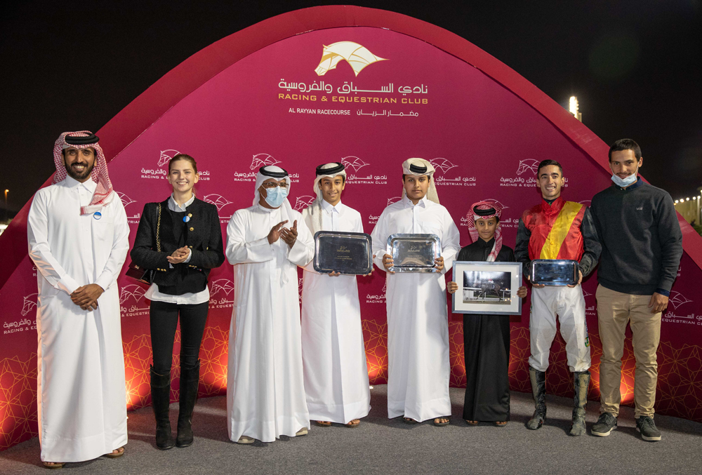 QREC Racing Manager Abdulla Rashid Al Kubaisi with the connection of Mater after the Ahmed Hassan Al Malki Al Jehani-owned four-year-old won the Bu Samrah Cup at Al Rayyan Racecourse, yesterday. 