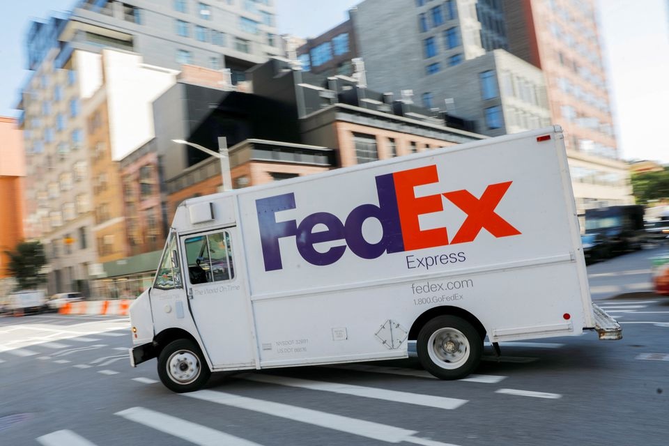 A FedEx vehicle is driven in Manhattan, New York City, U.S., September 3, 2021. REUTERS/Andrew Kelly

