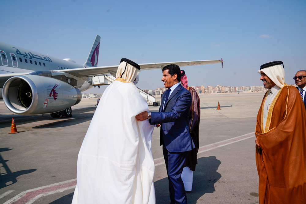 Shura Council Speaker H E Hassan bin Abdullah Al Ghanim is being received by Speaker of the Arab Parliament H E Adel bin Abdulrahman Al Asoomi and Ambassador of Qatar to Egypt H E Salem bin Mubarak Al Shafi at Cairo International Airport, yesterday. 
