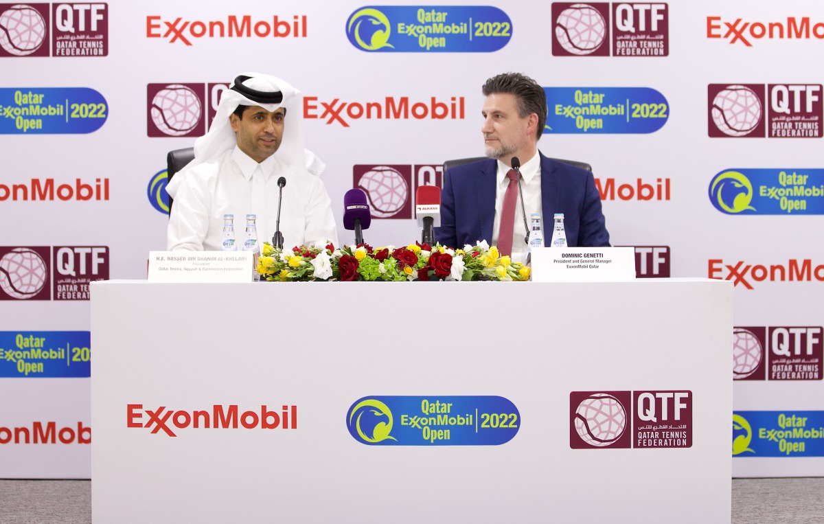 Qatar Tennis, Squash and Badminton Federation President Nasser bin Ghanim Al Khelaifi and President and General Manager of ExxonMobil Qatar Dominic Genetti during the sponsorship signing ceremony, yesterday.