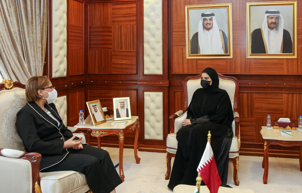 Minister of Social Development and Family H E Maryam bint Ali bin Nasser Al Misnad meeting Minister of National Solidarity, Family and Women’s Issues of Algeria H E Kawthar Kriko.
