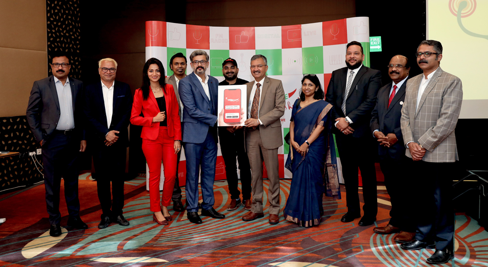 Ambassador of India Dr. Deepak Mittal and Mirchione Business Director Arun Lakshmanan with other officials during the launch of Mirchi Qatar app yesterday.