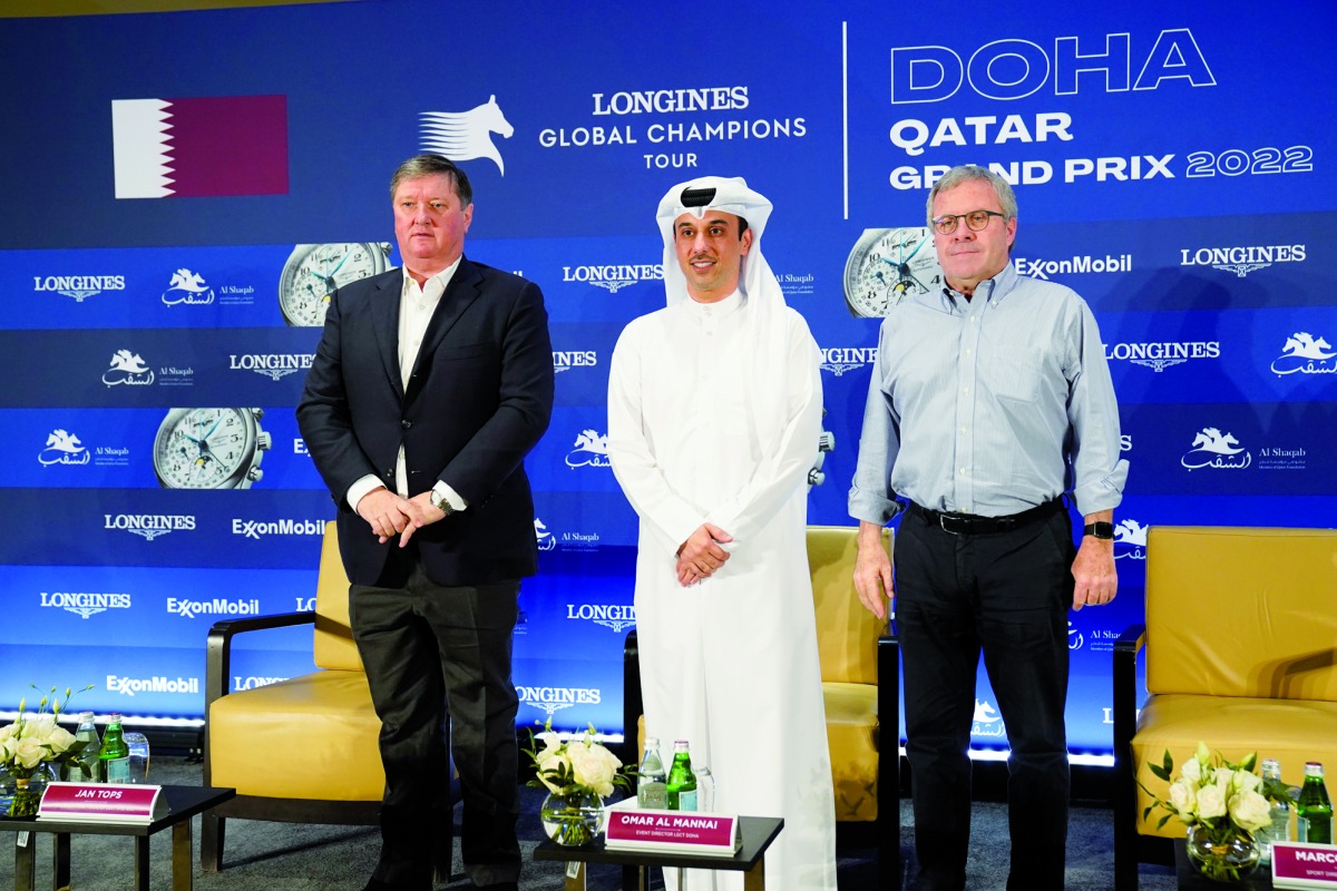 Longines Global Champions Tour (LGCT) and Global Champions League (GCL) President and Founder Jan Tops, Event Director Omar Al Mannai and LGCT and GCL Sports Director Marco Danese during a press conference held in Doha, yesterday.