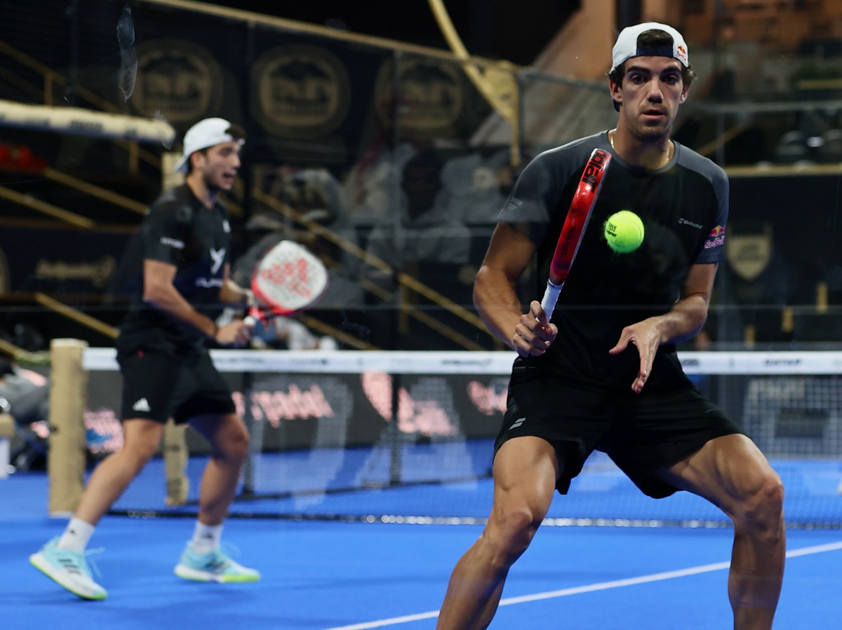 Juan Lebron and Alejandro Galan in action during the second round of the Premier Padel Ooredoo Qatar Major 2022 at the Khalifa International Tennis and Squash Complex in Doha, yesterday.