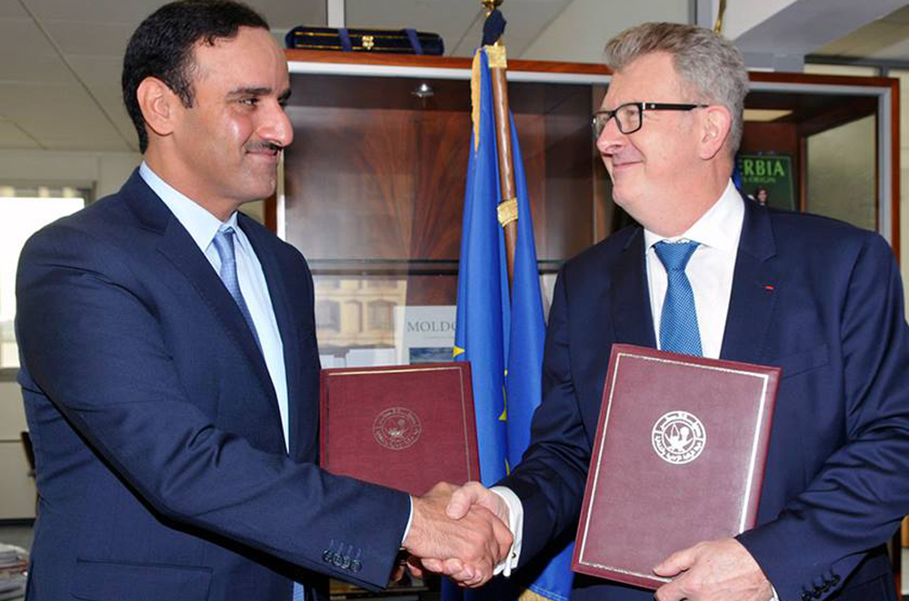 President of the Administrative Control and Transparency Authority (ACTA), H E Hamad bin Nasser Al Misnad and Director of  French Anti-Corruption Agency (AFA), Charles Duchaine, after signing the MoU in Paris, yesterday.