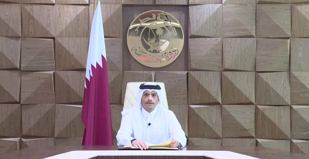 Deputy Prime Minister and Minister of Foreign Affairs H E Sheikh Mohammed bin Abdulrahman Al Thani  addressing the celebration to mark the 50th anniversary of the establishment of diplomatic relations hosted by the Embassy of the State of Qatar in Tokyo, yesterday.