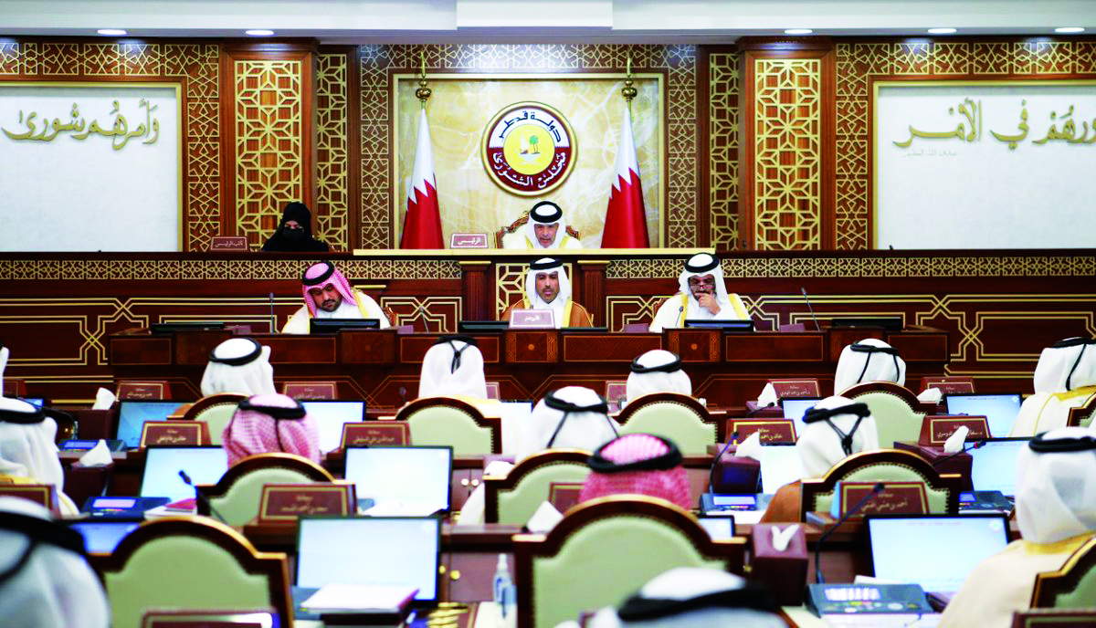 Speaker H E Hassan bin Abdulla Al Ghanim chairing the Shura Council session yesterday. 
