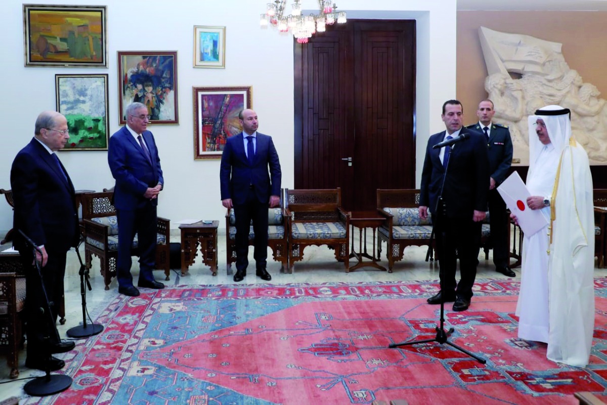President of Lebanon H E General Michel Aoun receiving the credentials of Qatar's Ambassador to Lebanon H E Ibrahim Abdulaziz Mohammed Saleh Al Sahlawi. 
