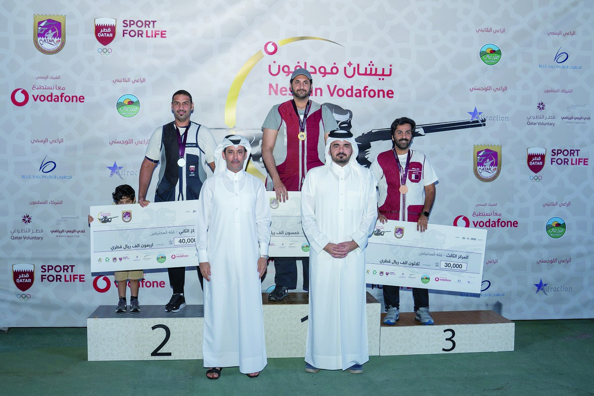 President of the Qatar Olympic Committee H E Sheikh Joaan bin Hamad Al Thani poses with the winners of Nishan Vodafone Shooting Tournament, which was held at the Lusail International Shooting Complex. Qatar Shooting and Archery Association President Mishaal Ibrahim Al Nasr is also present.