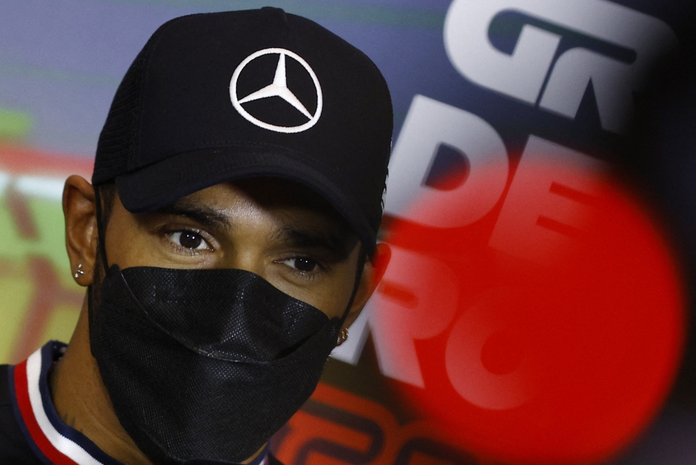 April 22, 2022 Mercedes' Lewis Hamilton during a press conference REUTERS/Guglielmo Mangiapane
 
