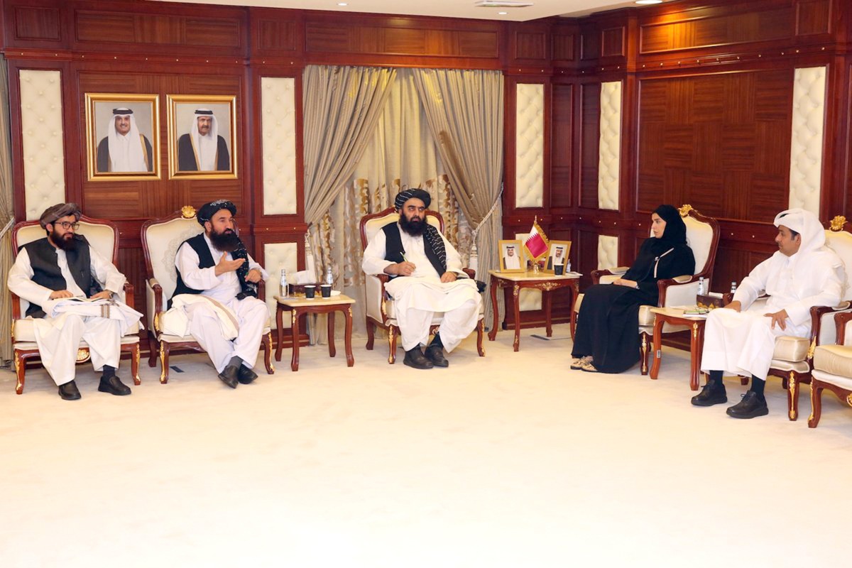 Minister of Social Development and Family H E Maryam bint Ali bin Nasser Al Misnad meeting Afghanistan's Acting Minister of Foreign Affairs H E Amir Khan Muttaqi and Acting Minister of Information and Culture H E Khairullah Khairkhwa, in Doha, yesterday.