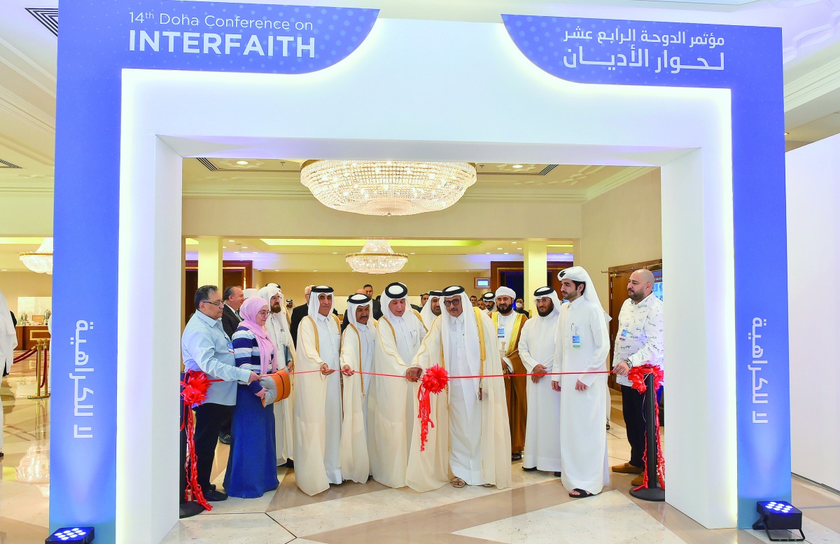 Minister of Justice, H E Masoud bin Mohammed Al Amri; Minister of State for Foreign Affairs, H E Sultan bin Saad Al Muraikhi; Secretary-General of the Ministry of Foreign Affairs, H E Dr. Ahmed bin Hassan Al Hammadi; Chairman of the Board of Directors of Doha International Center for Interfaith Dialogue, Dr. Ibrahim bin Saleh Al Nuaimi, and other dignitaries at the opening of an exhibition held on the sidelines of the conference. PIC: Abdul Basit