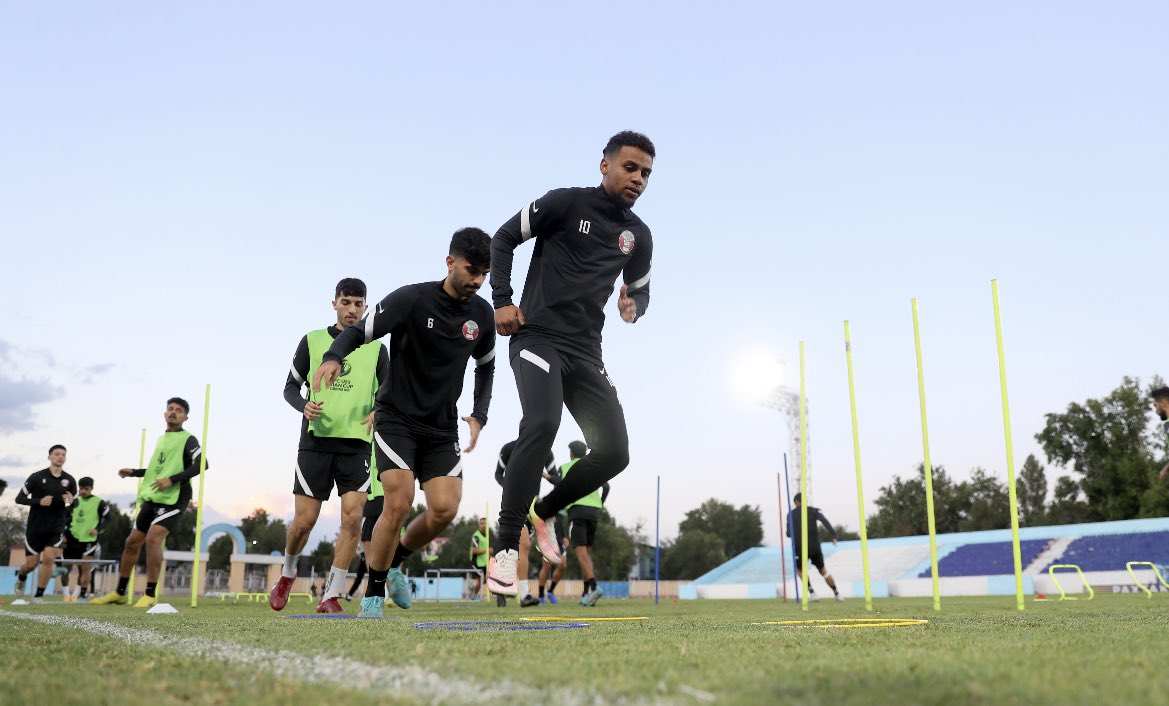 Qatar U-23 players during a training session in Tashkent, yesterday.