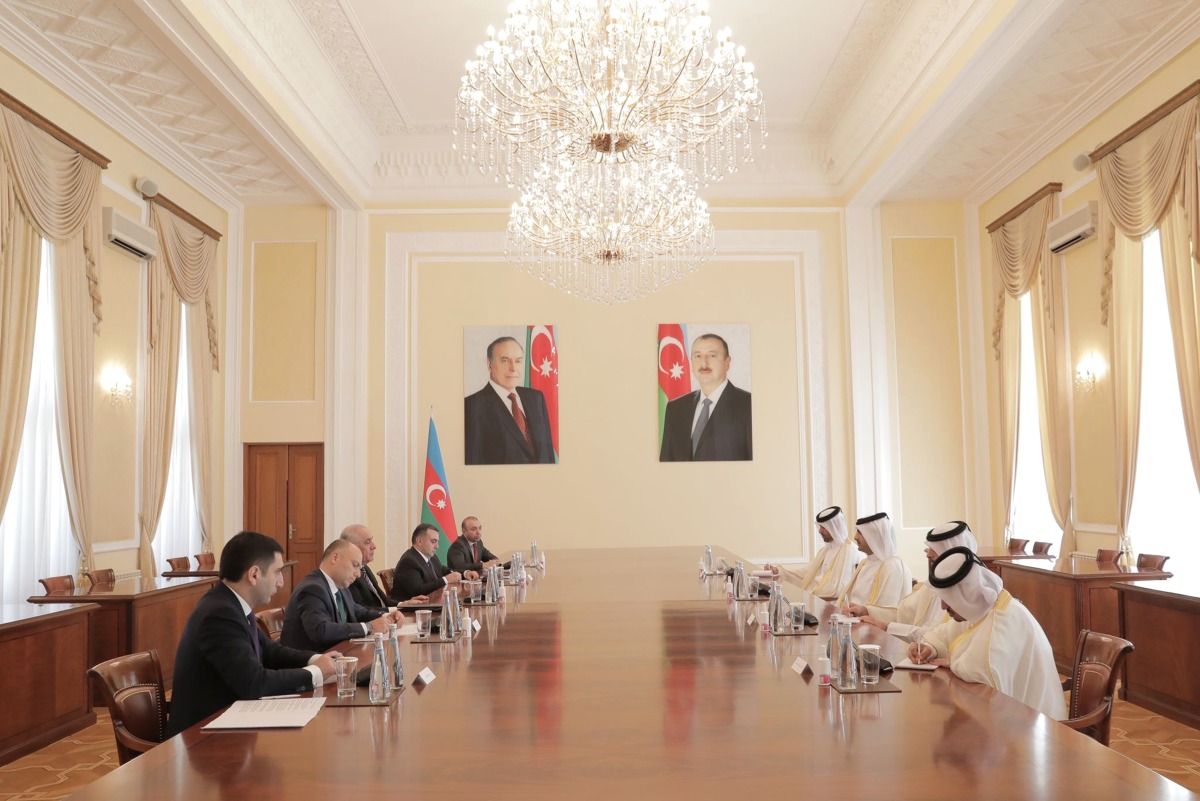 Prime Minister of Azerbaijan H E Ali Asadov meeting with the Minister of Culture H E Sheikh Abdulrahman bin Hamad bin Jassim bin Hamad Al Thani in Baku, yesterday.