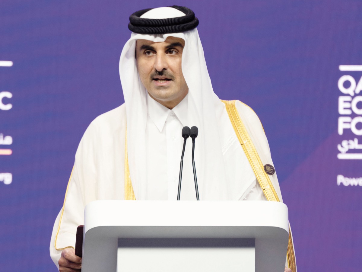 Amir H H Sheikh Tamim bin Hamad Al Thani addressing the Qatar Economic Forum 2022, Powered by Bloomberg, at the Ritz-Carlton Hotel yesterday.