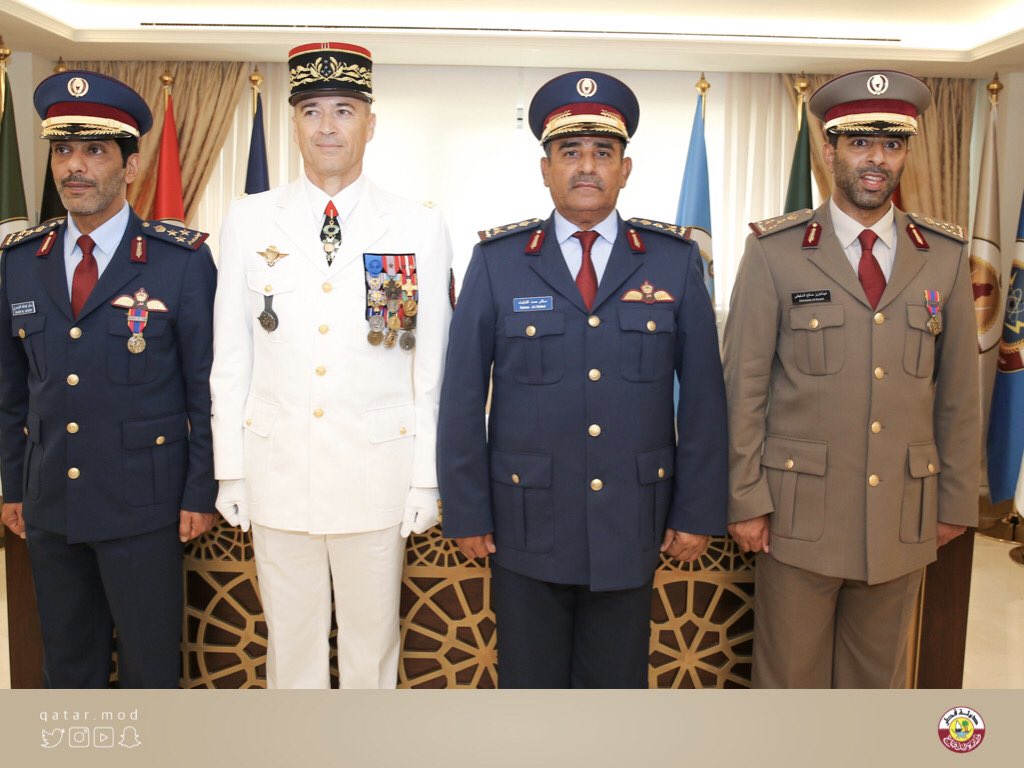 Chief of Staff of the Armed Forces H E Staff Lieutenant General (Pilot) Salem bin Hamad bin Mohammed bin Aqeel Al Nabit with the French Chief of Staff Lieutenant-General Thierry Burkhard and other officers. 