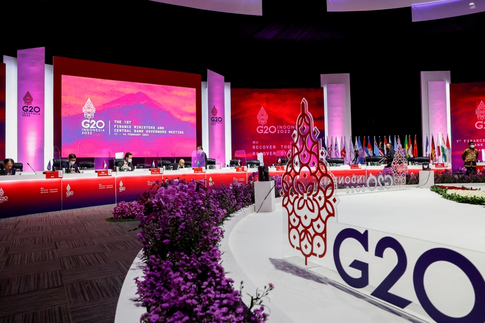 Head of delegates prepare for a meeting on the last day of the G20 finance ministers and central bank governors meeting in Jakarta, Indonesia, February 18, 2022. Mast Irham / Pool via REUTERS/File Photo