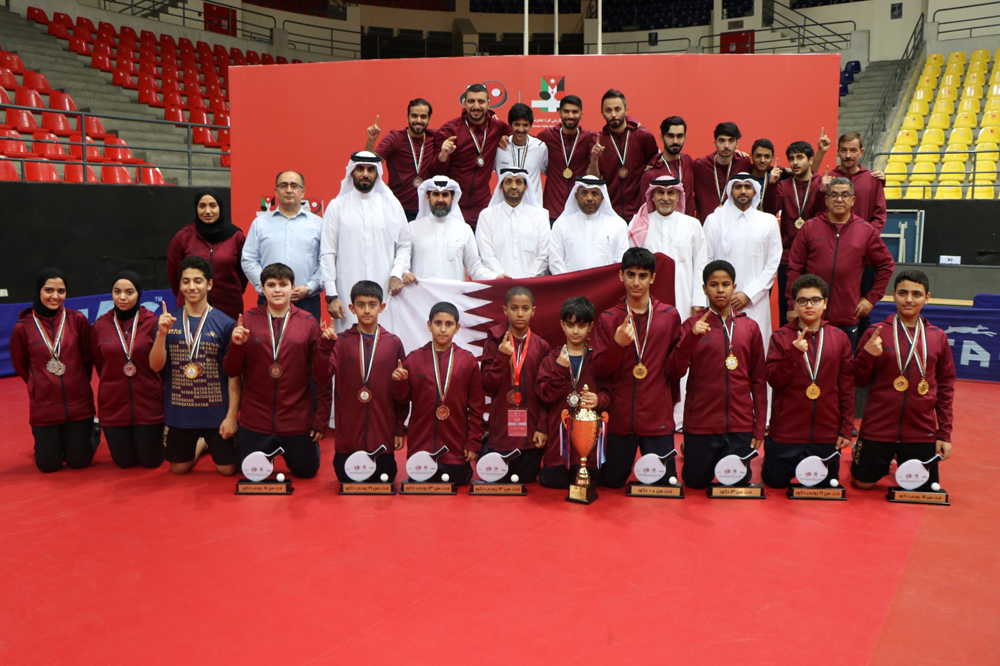 President of the Qatar Table Tennis Association (QTTA) and the Asian Table Tennis Union (ATTU), Khalil Al Mohannadi, with Qatar players and officials during the West Asian Table Tennis Championship in Amman, Jordan.