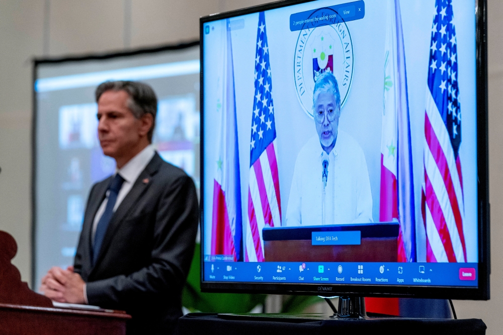 U.S. Secretary of State Antony Blinken attends a virtual joint news conference with Philippine Secretary of Foreign Affairs Enrique Manalo at the Peninsula Hotel in Manila, Philippines, August 6, 2022. Andrew Harnik/Pool via REUTERS
